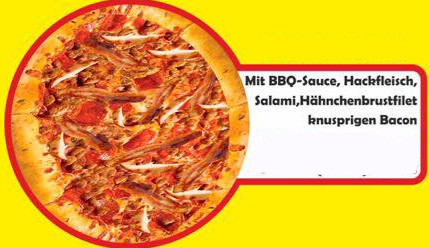 Pizza Texas ( BBQ - Sauce, Hackfleisch, Salami, Hähnchenbrustfilet & Bacon >Picolo 5,90/Grande 7,90